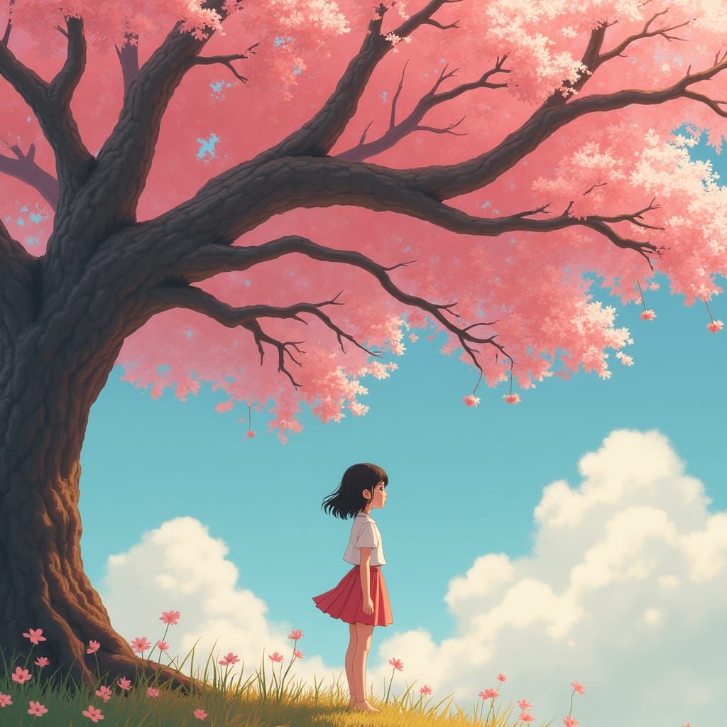 Girl Under Sakura Tree: Cinematic Film Still