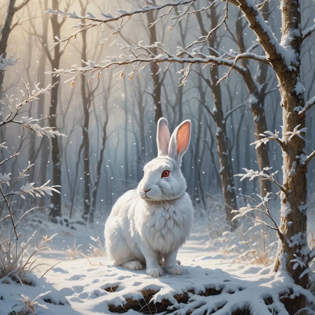White Rabbit in Snowy Forest, Impressionist Style