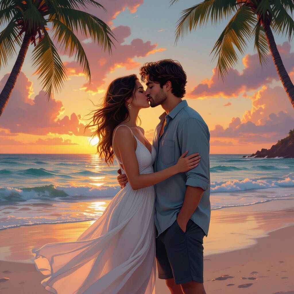 Couple Kissing on Beach at Sunset: Matte Painting