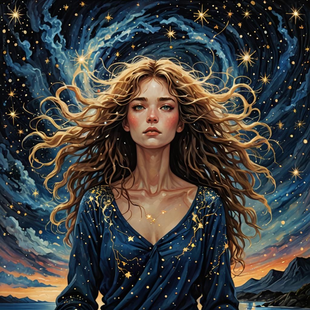 Nebula Dreamscape: Gilt-Accented Portrait in Klimt Style