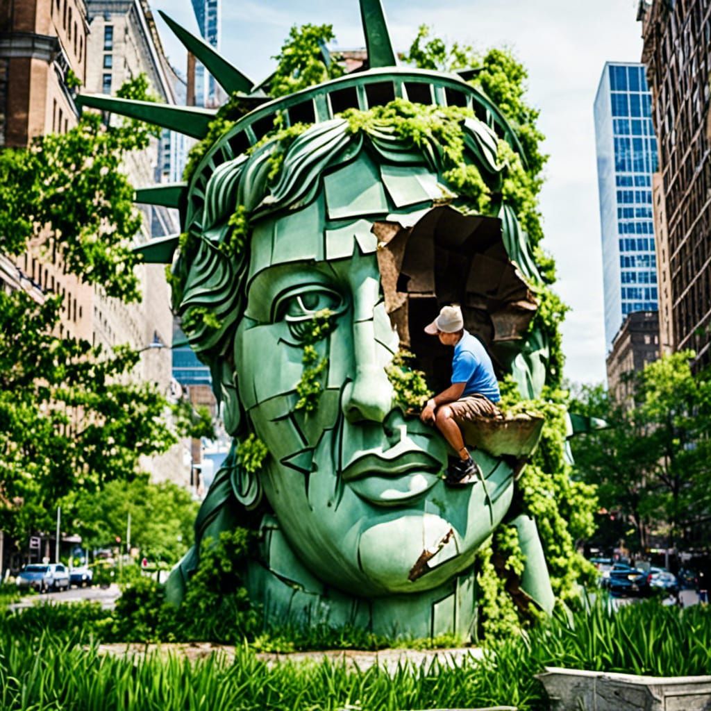 Person in Broken Statue of Liberty Face