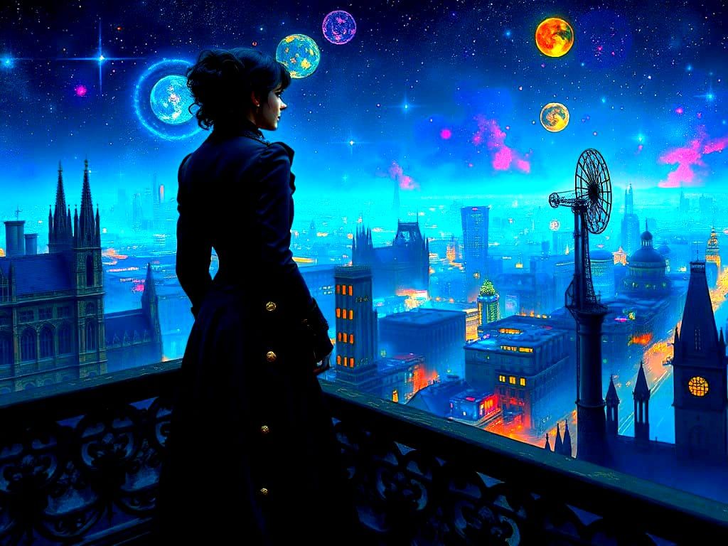 Gothic Woman Overlooks Steampunk City in Neon Lights