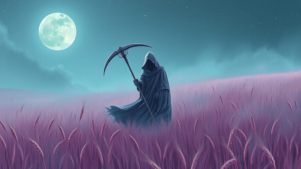 Pastel Grim Reaper in Windy Wheatfield