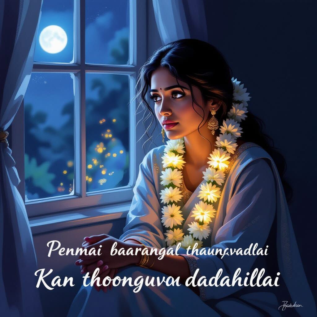 Poetic Digital Painting: South Asian Woman's Nighttime Vigil