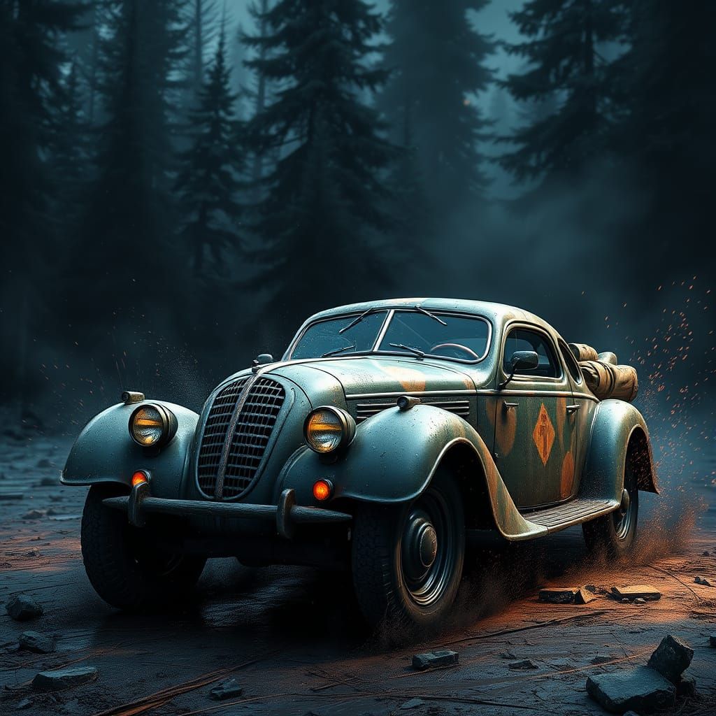 WWII Car Concept Art in Vibrant Fantasy Style