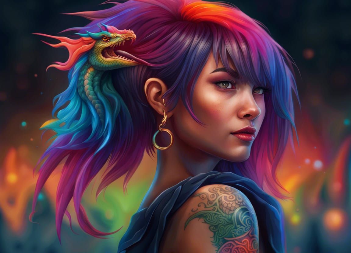 Girl with rainbow hair and a dragon coming out of it.