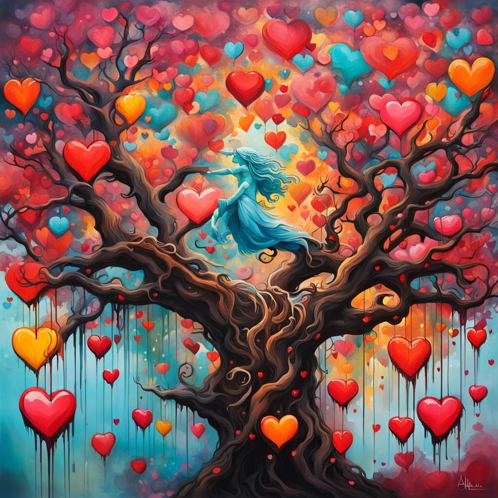 Heart Tree in Alphonse Mucha Graffiti Style