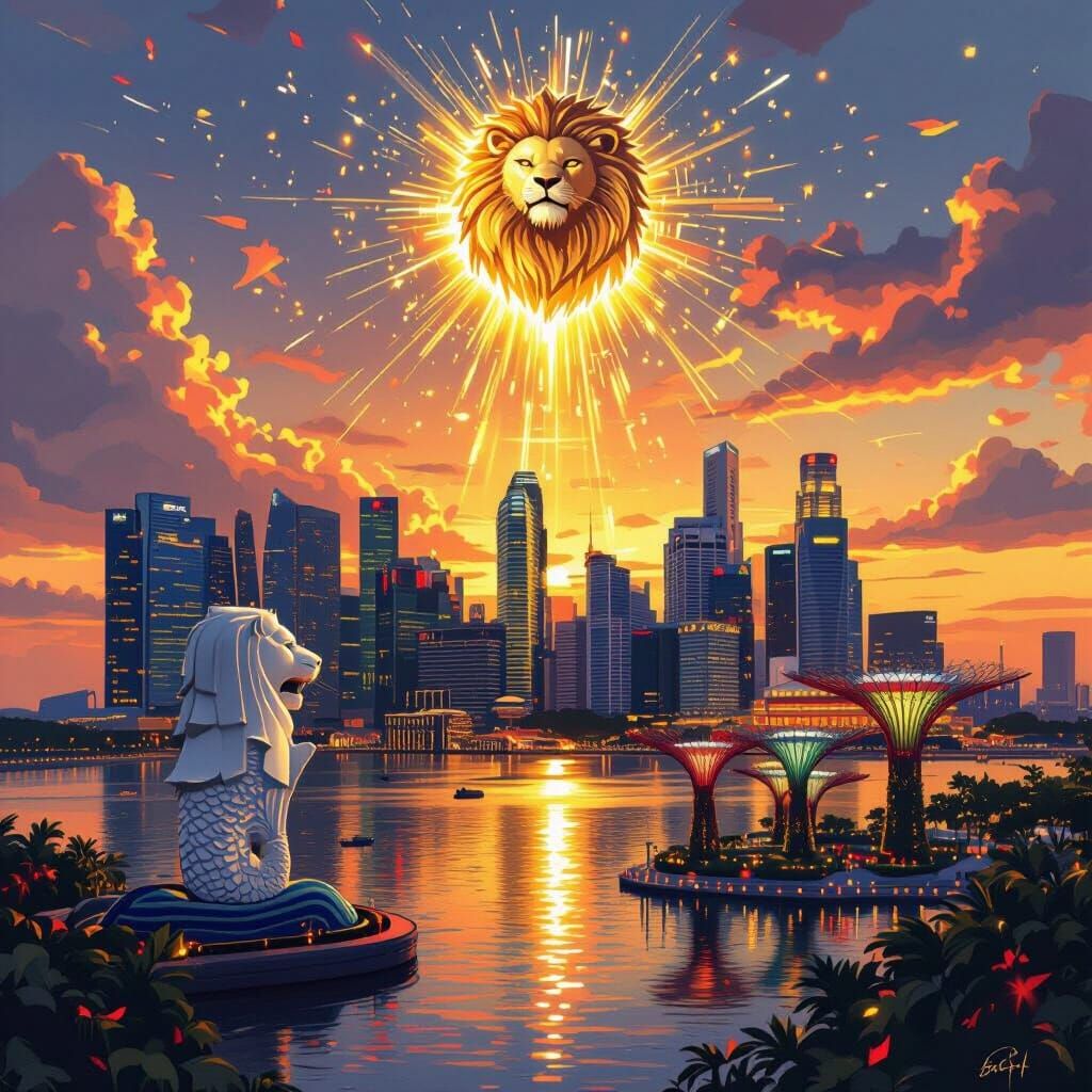 Singapore Skyline Sunset with Golden Light, Digital Art
