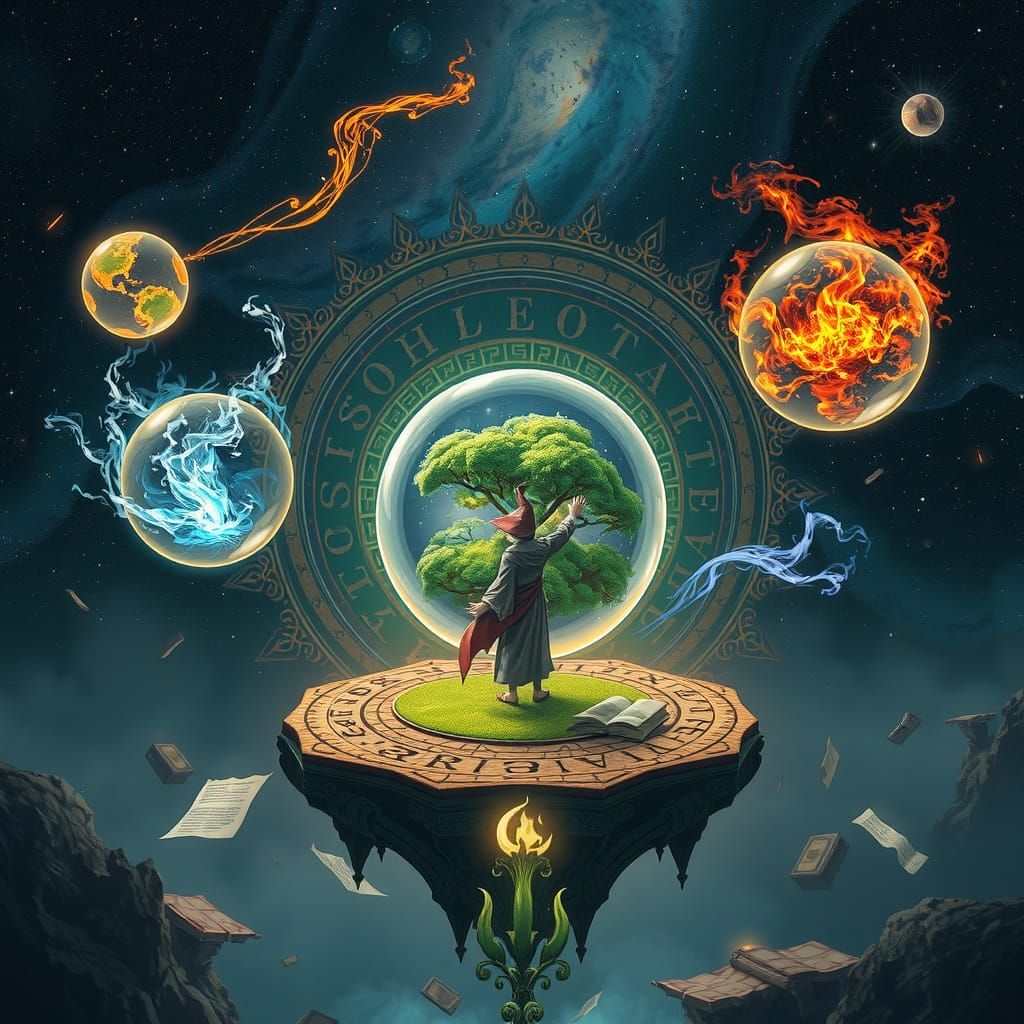 Wizard Surrounded by Elemental Spheres in Fantasy Art