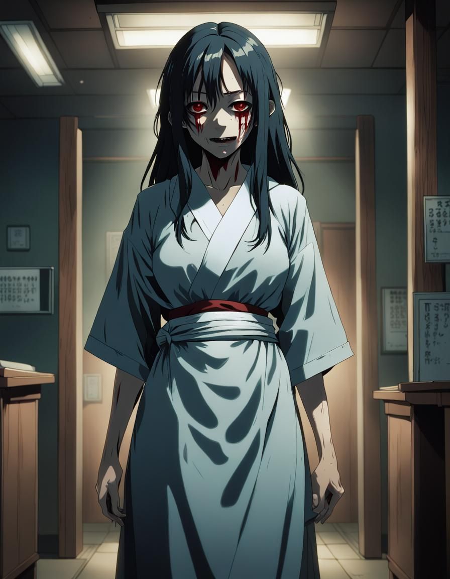 Kayako Woman Horror Scene in Anime Style