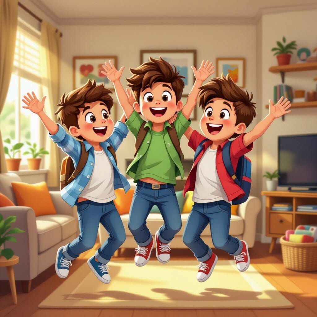 Brothers' Joyful Jump: A Pixar-Style Vacation Scene