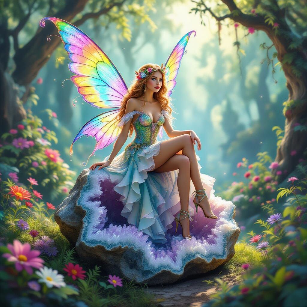 Rainbow Fairy on Crystal Geode in Fantasy Forest