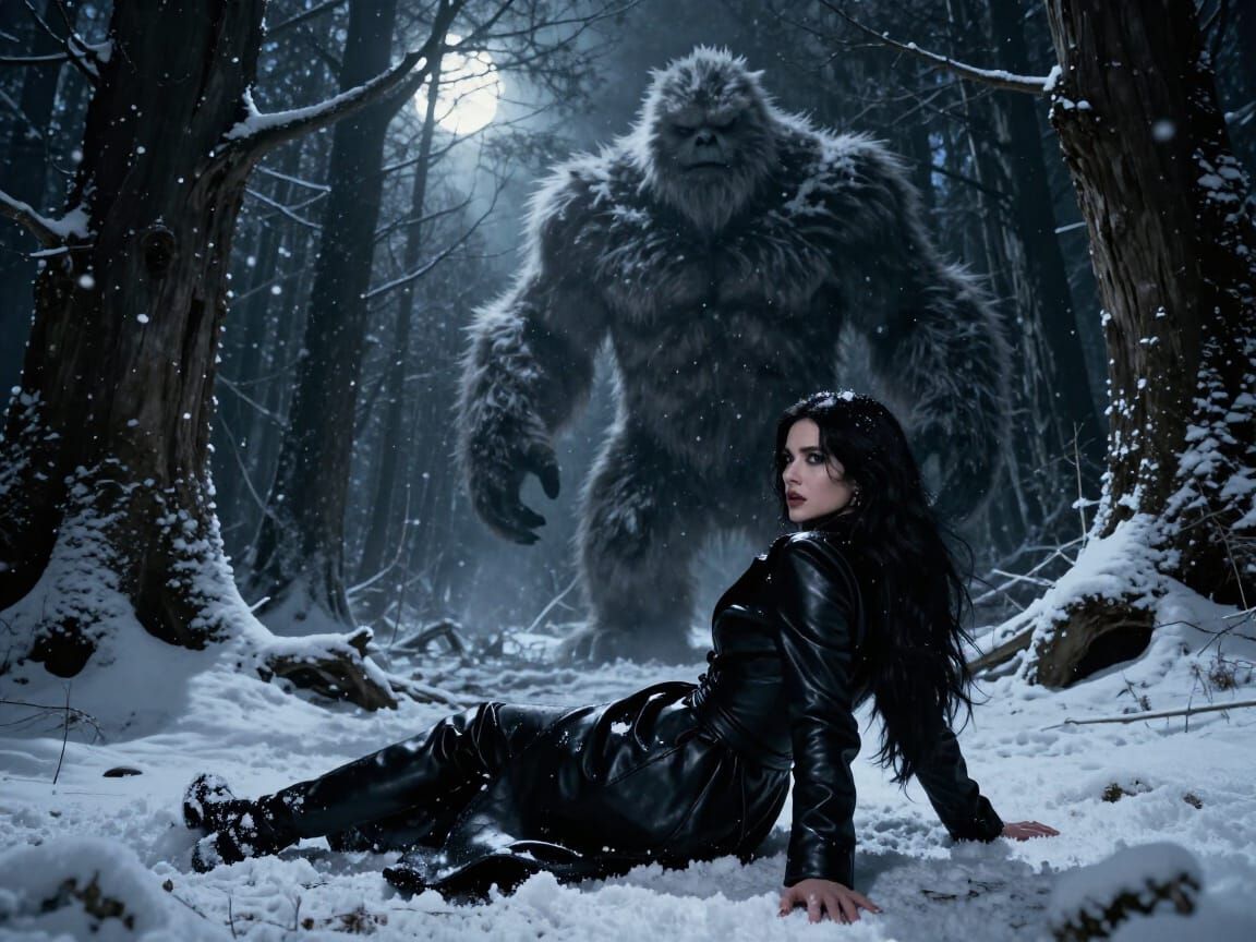 Woman Confronts Abominable Snowman in Moonlit Forest