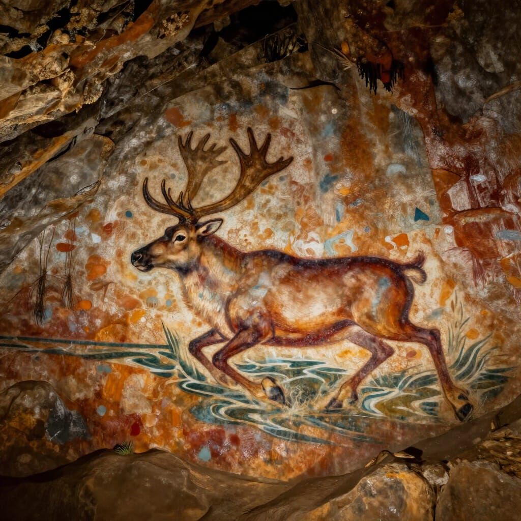 Lascaux Cave Art: Hyperrealistic Swimming Reindeer in Earthe...