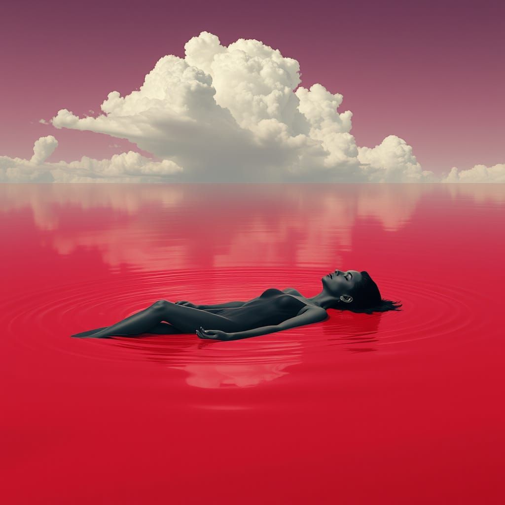 Surrealistic Ombra Femminile Submerges into Crimson Lake