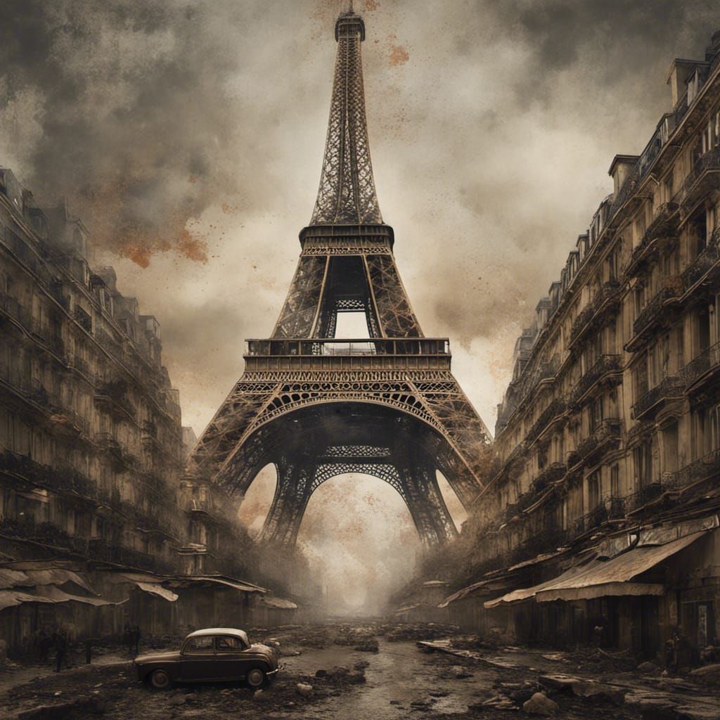 depict the Eiffel Tower with sections of its iron lattice missing, covered in layers of grime and rust, against a backdr...