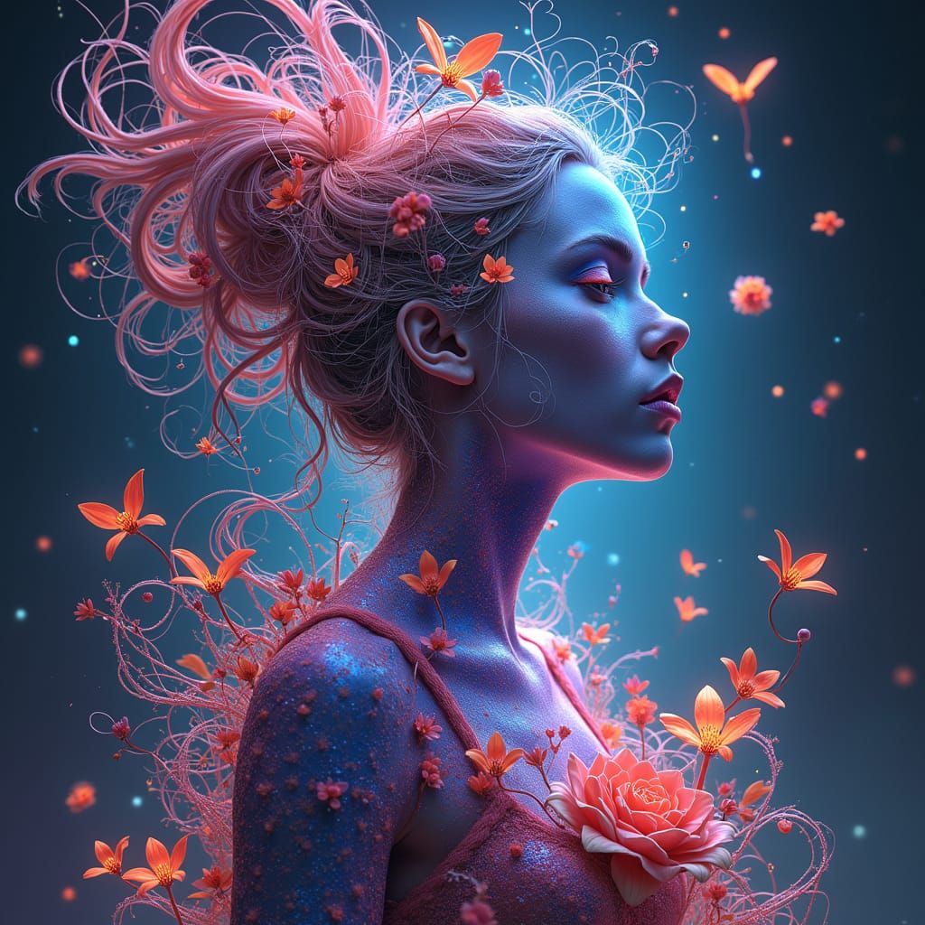 Woman in a Psychedelic Landscape with Bioluminescent Flora