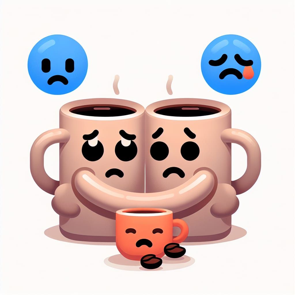 Sad Coffee Mugs Hugging, Emoji-Style Illustration