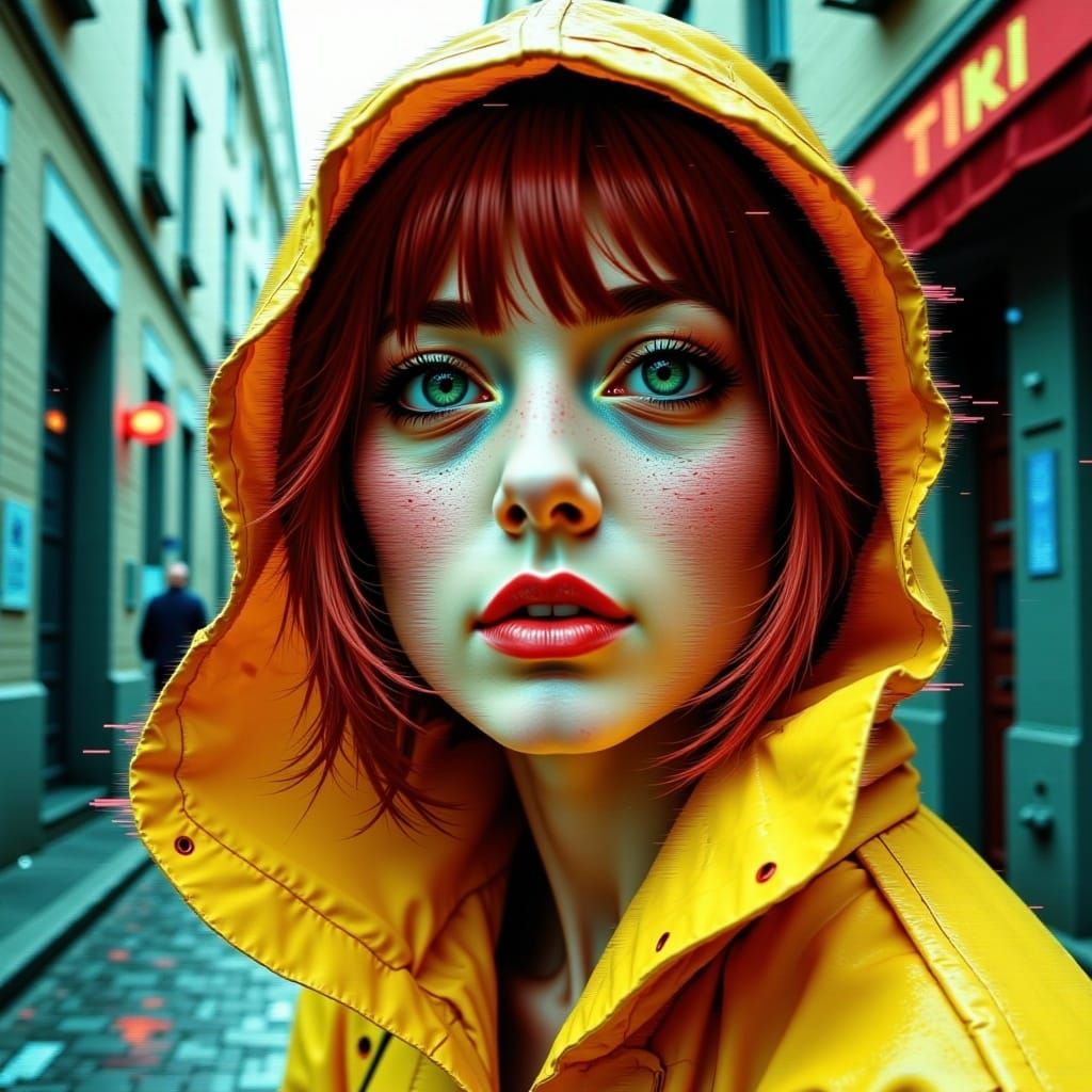 Glitch Art Woman in Rainy Italian Street