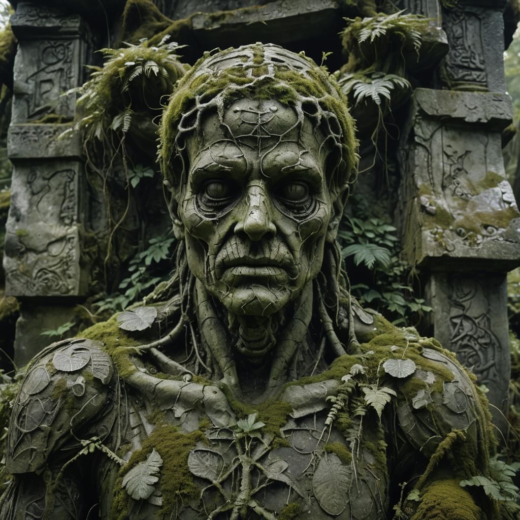 Decaying Stone Statue with Glowing Runes