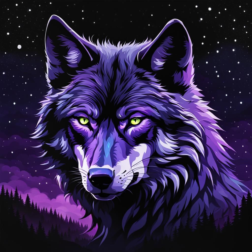 Purple and Black Wolf at Night