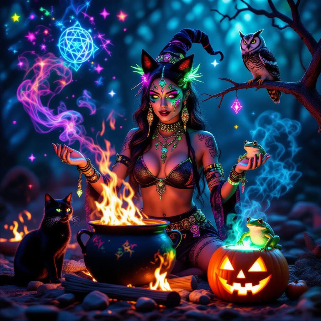 Brazilian Raver Witch Ritual in Neon 90s Comic Style