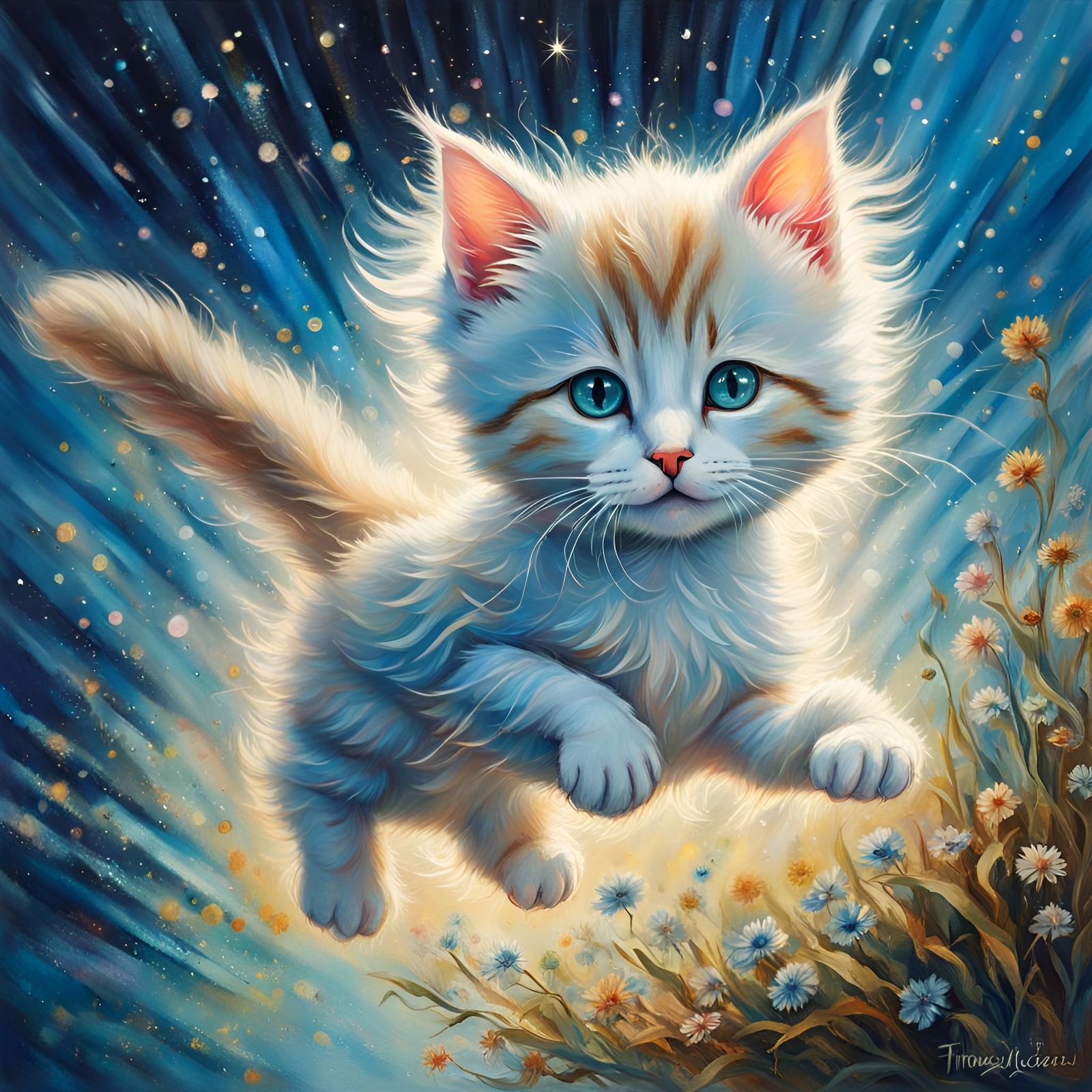 Joyful Kitten in Overalls: Folk Art Iridescent Light