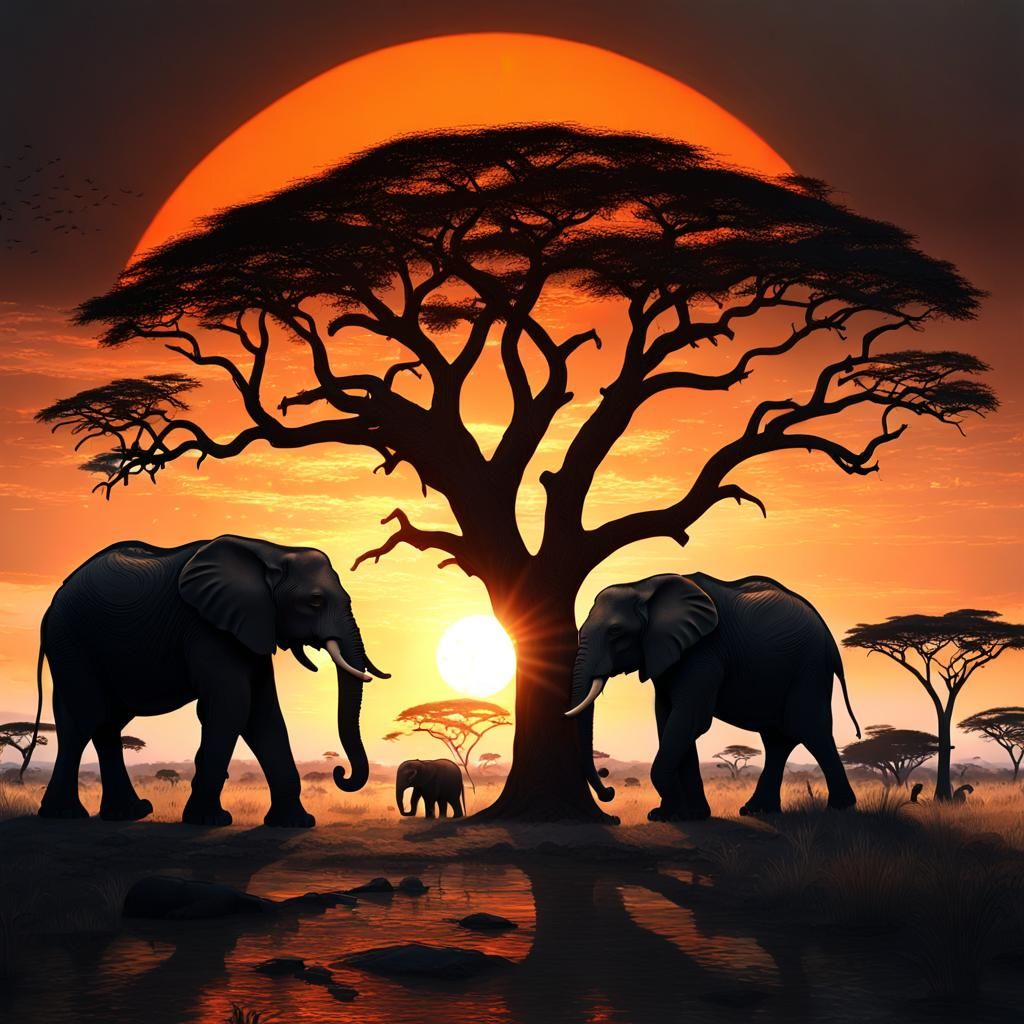 Serengeti Sunset: Silhouette of Elephants and Tree