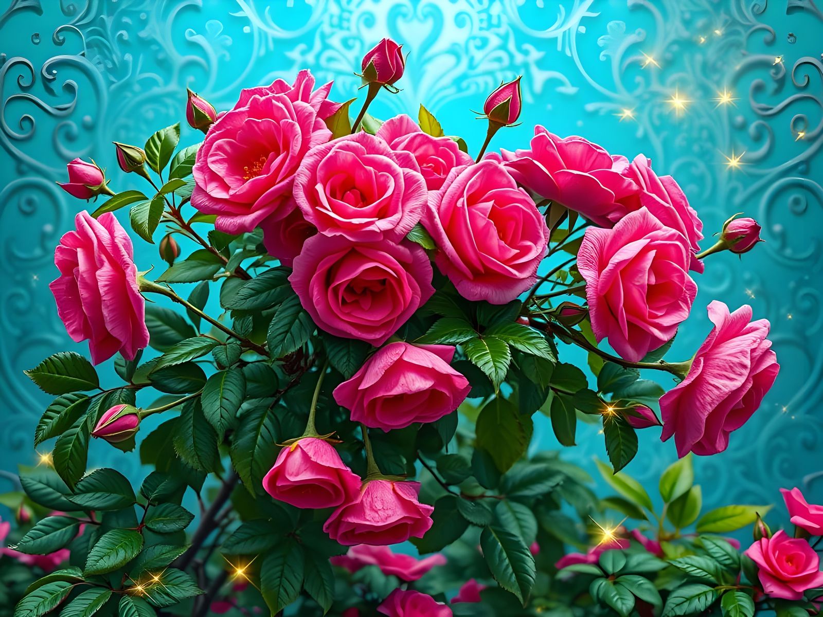 Pink Roses in Vibrant Fantasy Garden