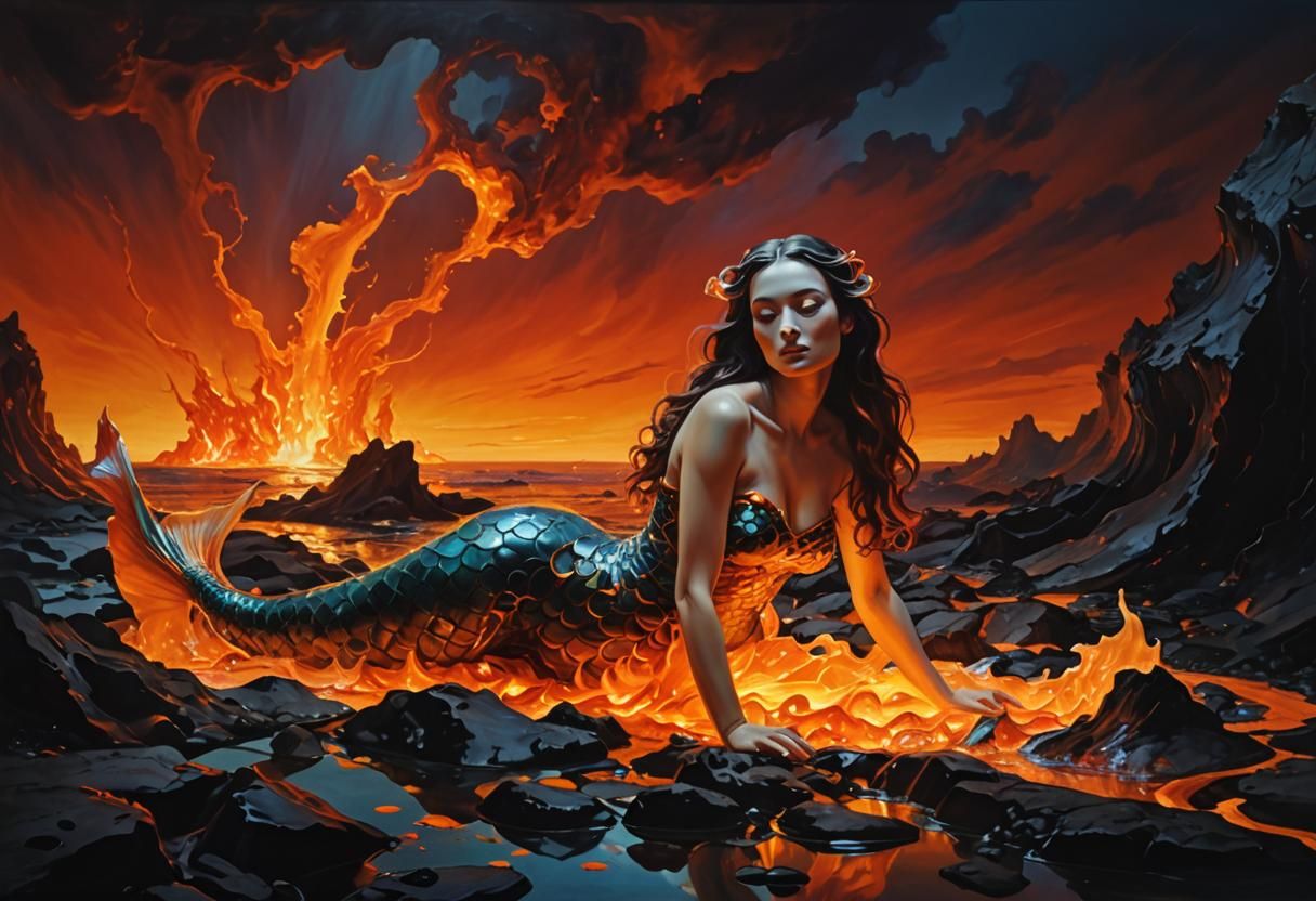 Lava Mermaid on Rocky Shore in Surrealist Style