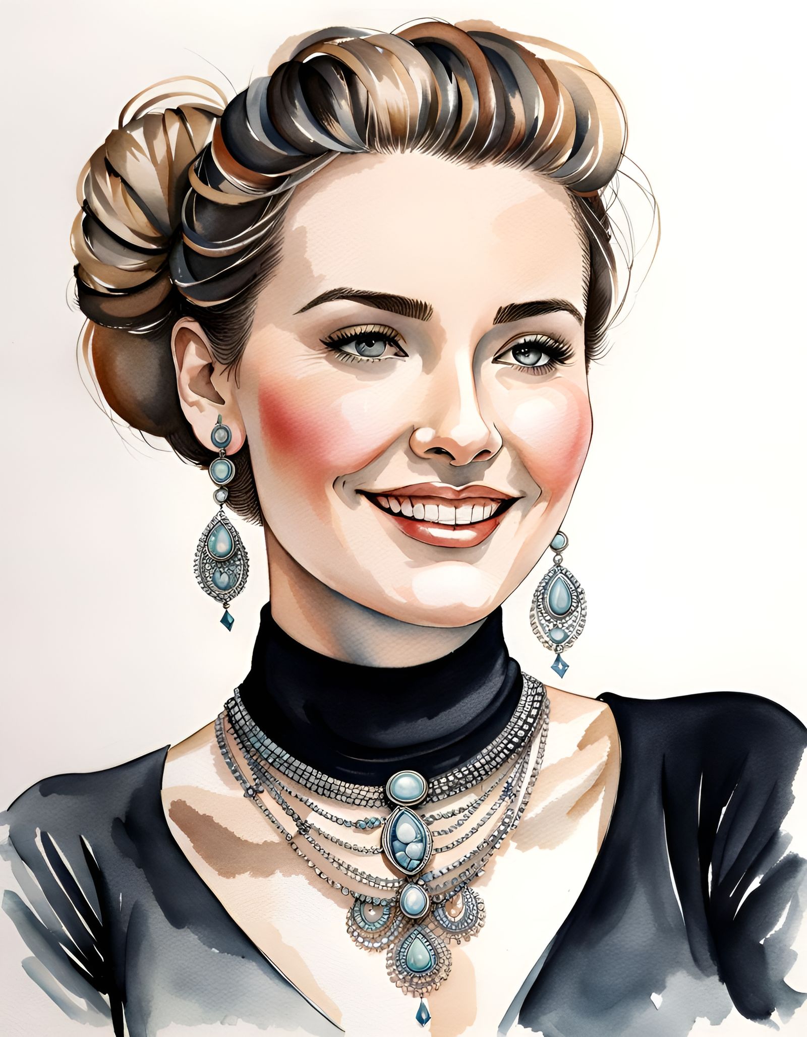 Elegant Woman with Bun in Watercolor Ink Drawing