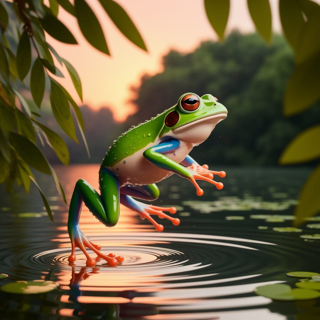 Green Frog Leaps Through Sunlit Pond