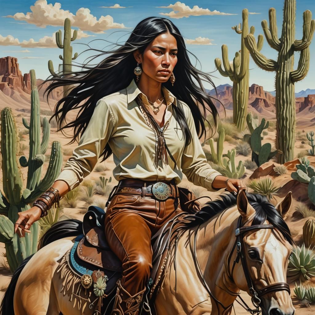 Amerindian Woman Rides Horse in Surreal Desert Landscape