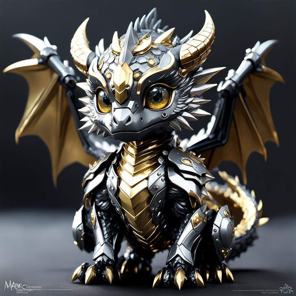Cute Chibi Robotic Dragon with Silver and Gold Details