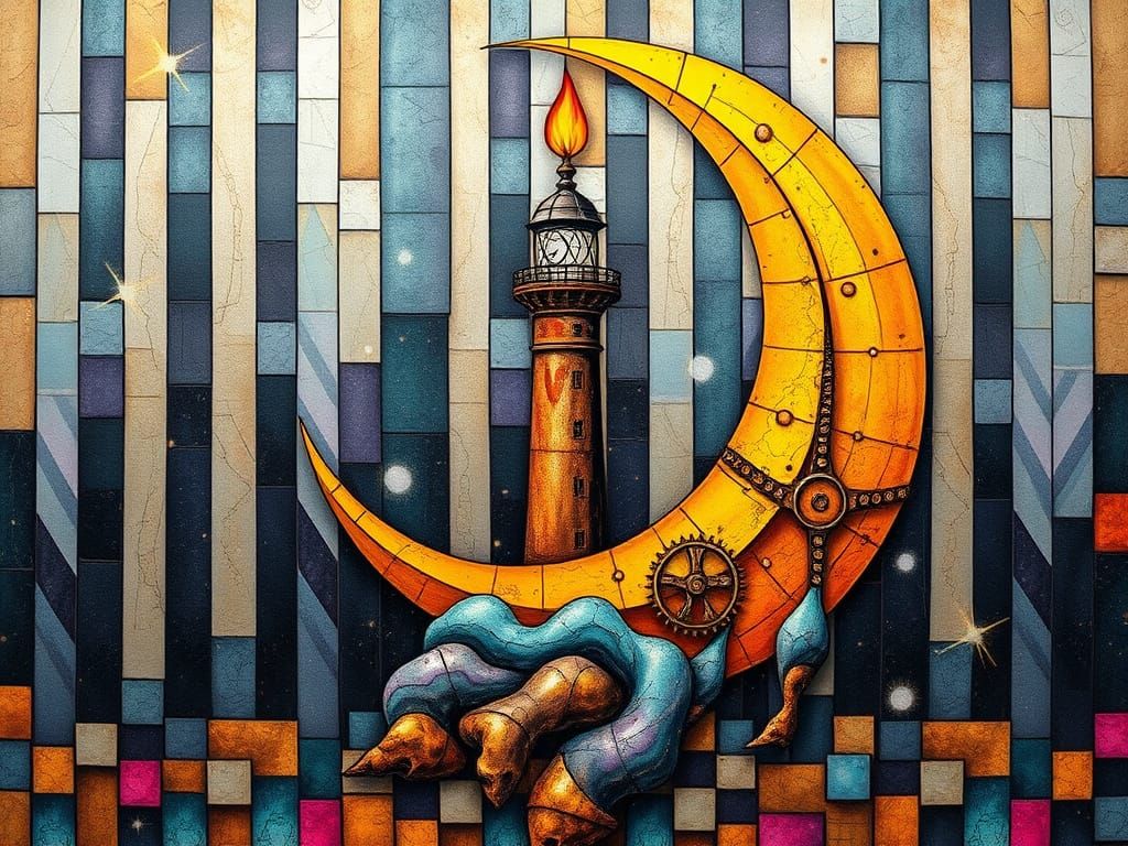 Surreal Steampunk Crescent Moon in Vibrant Alcohol Ink