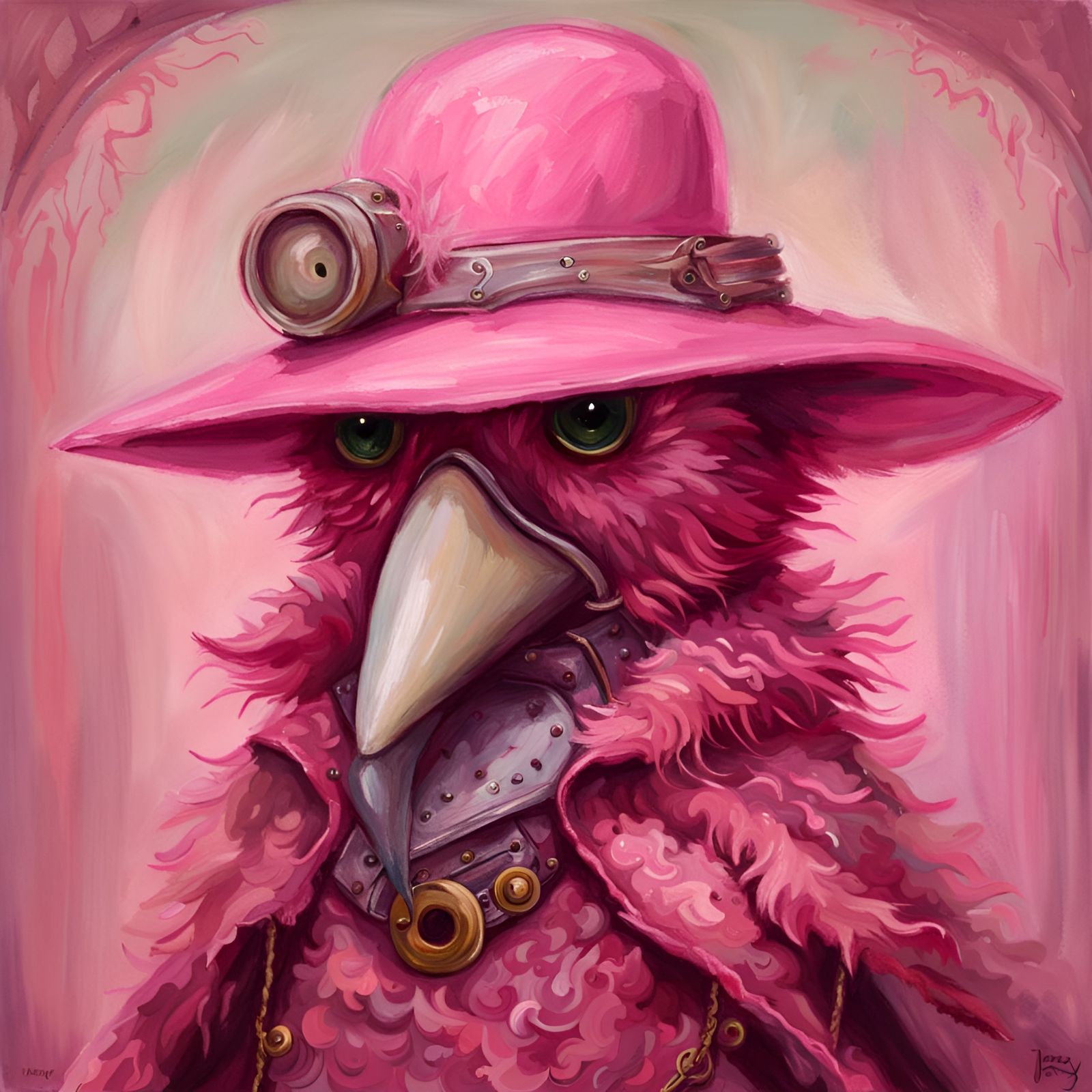 Adorable Fuzzy Pink Plague Doctor in Oil Painting Style