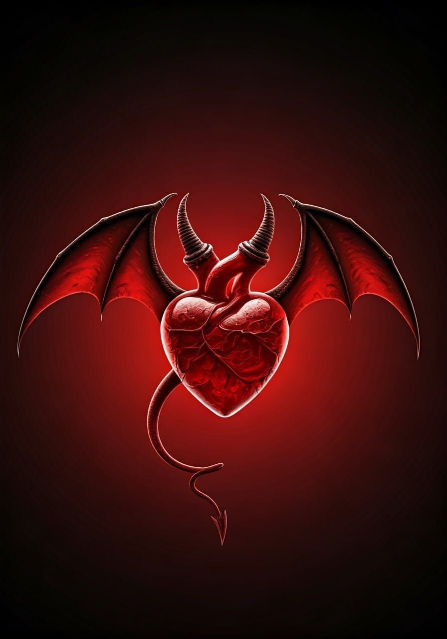 Surrealist Glass Heart with Wings and Horns in Dark Ombre Ba...