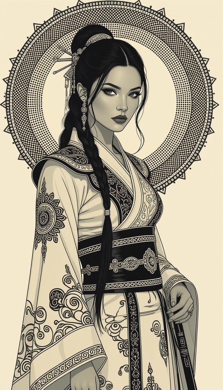 Surreal Woman in Dotted Pattern Fine Line Art