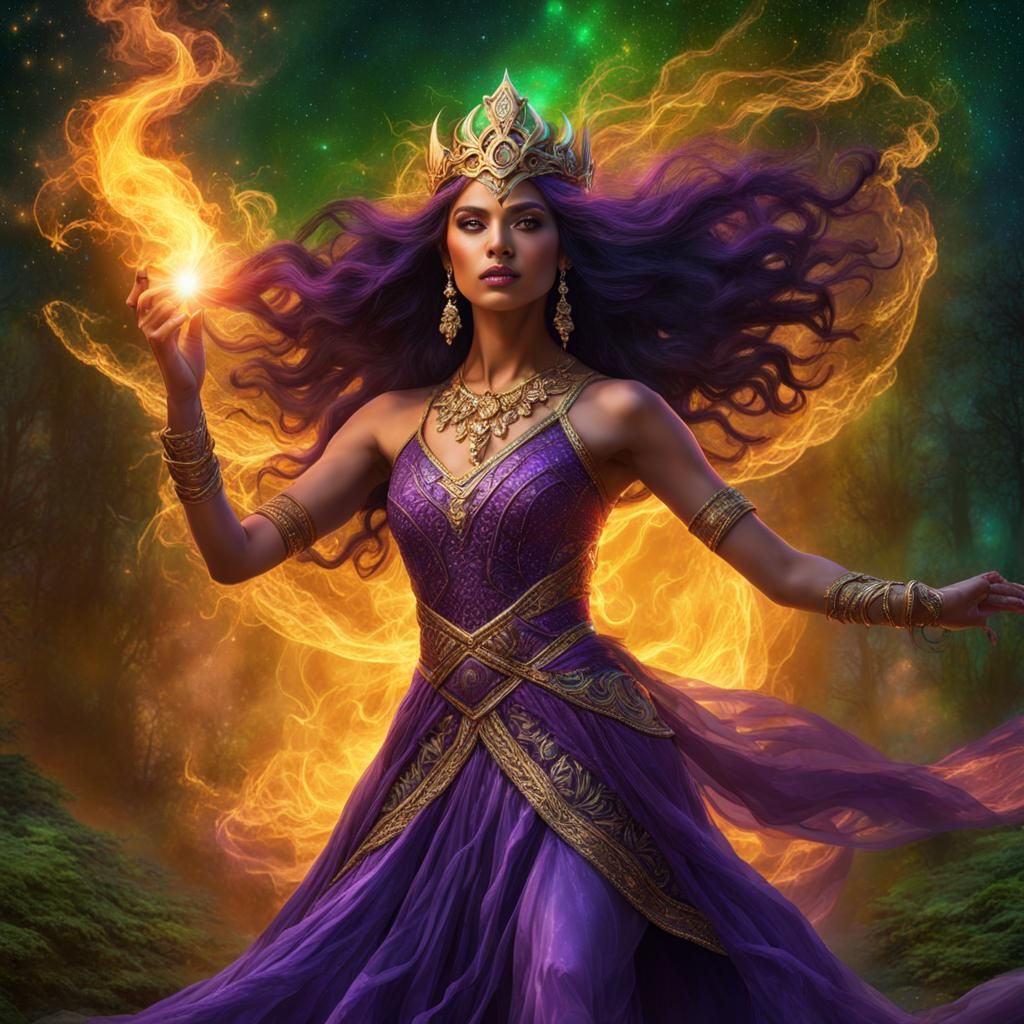 Exotic Elf Dances in Astral Forest: Mixed Media Art