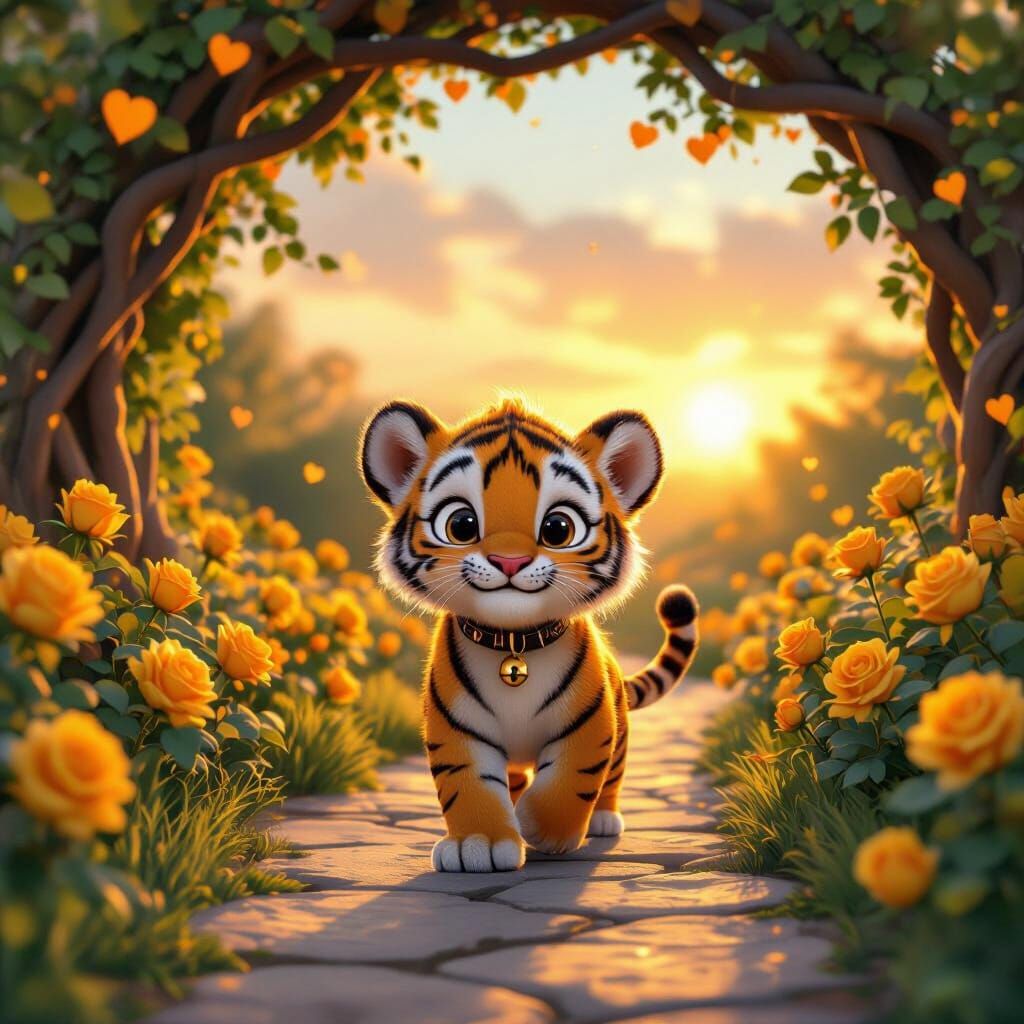 Cute Tiger Cub in Rose Garden at Sunset