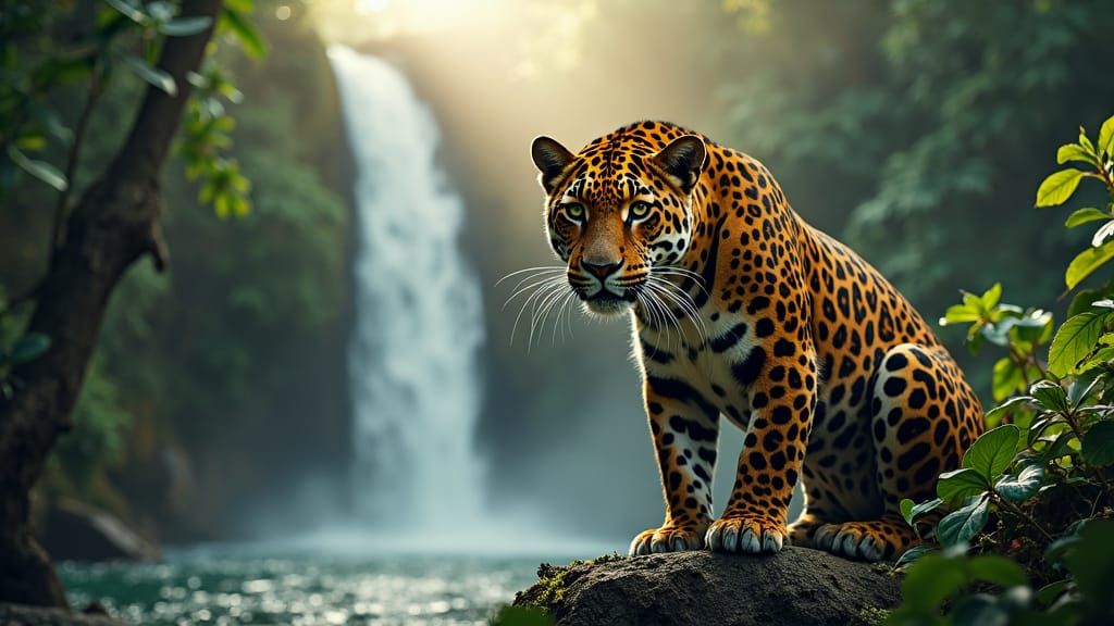 Jaguar Portrait in Tropical Jungle Waterfall Setting