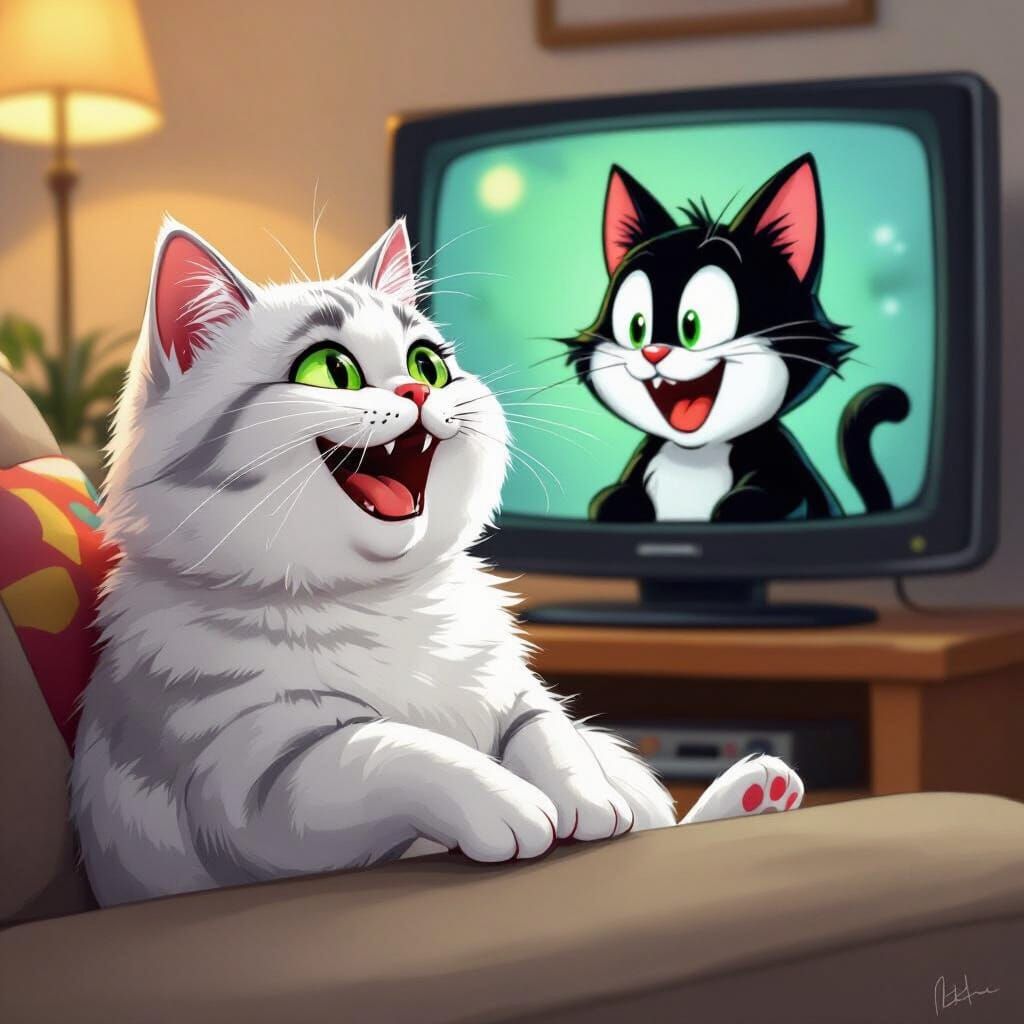 British Shorthair Cat Laughing at TV Cartoon
