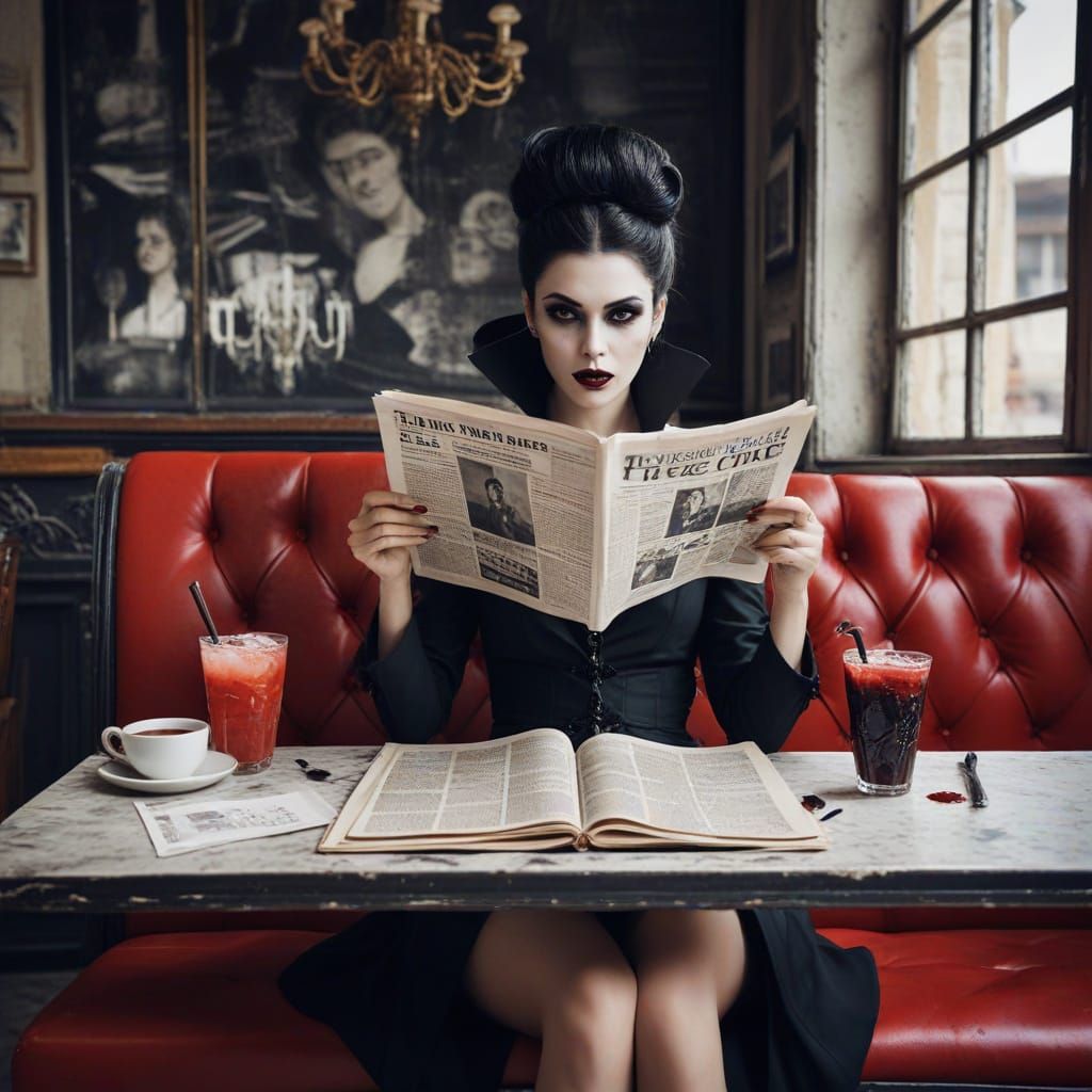 Vampire Sips Blood Tea at French Cafe in Abstract Art