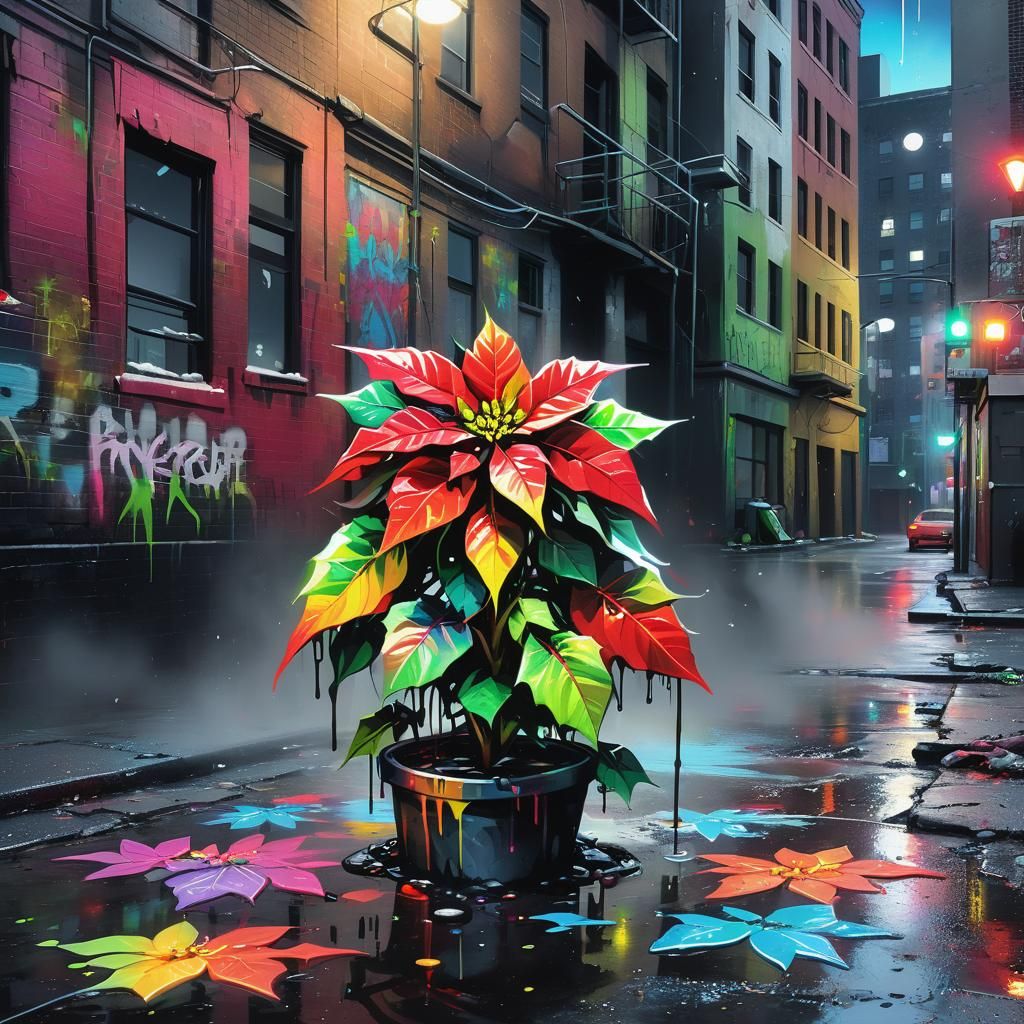 Poinsettia Blooms in Melting Graffiti City: Urban Fantasy