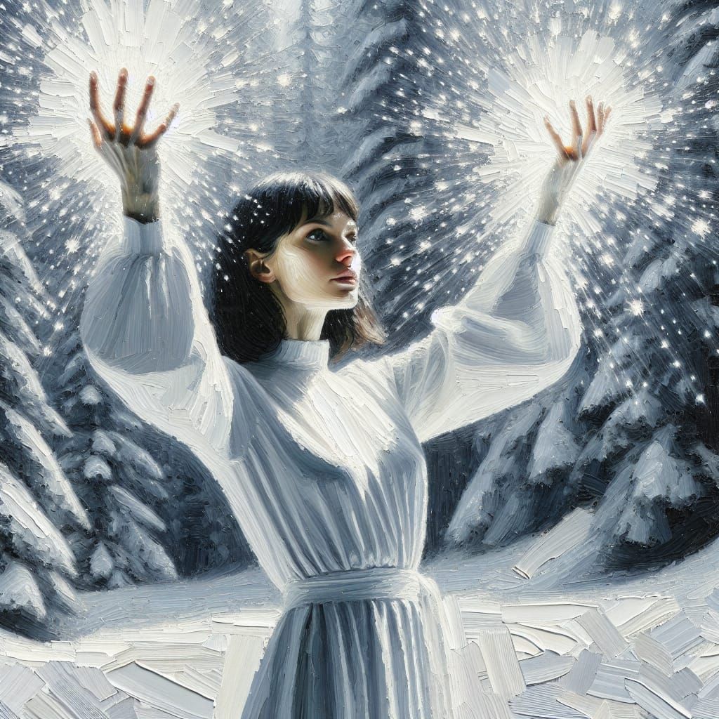 Snowy Forest Woman Summons Light: Oil Painting