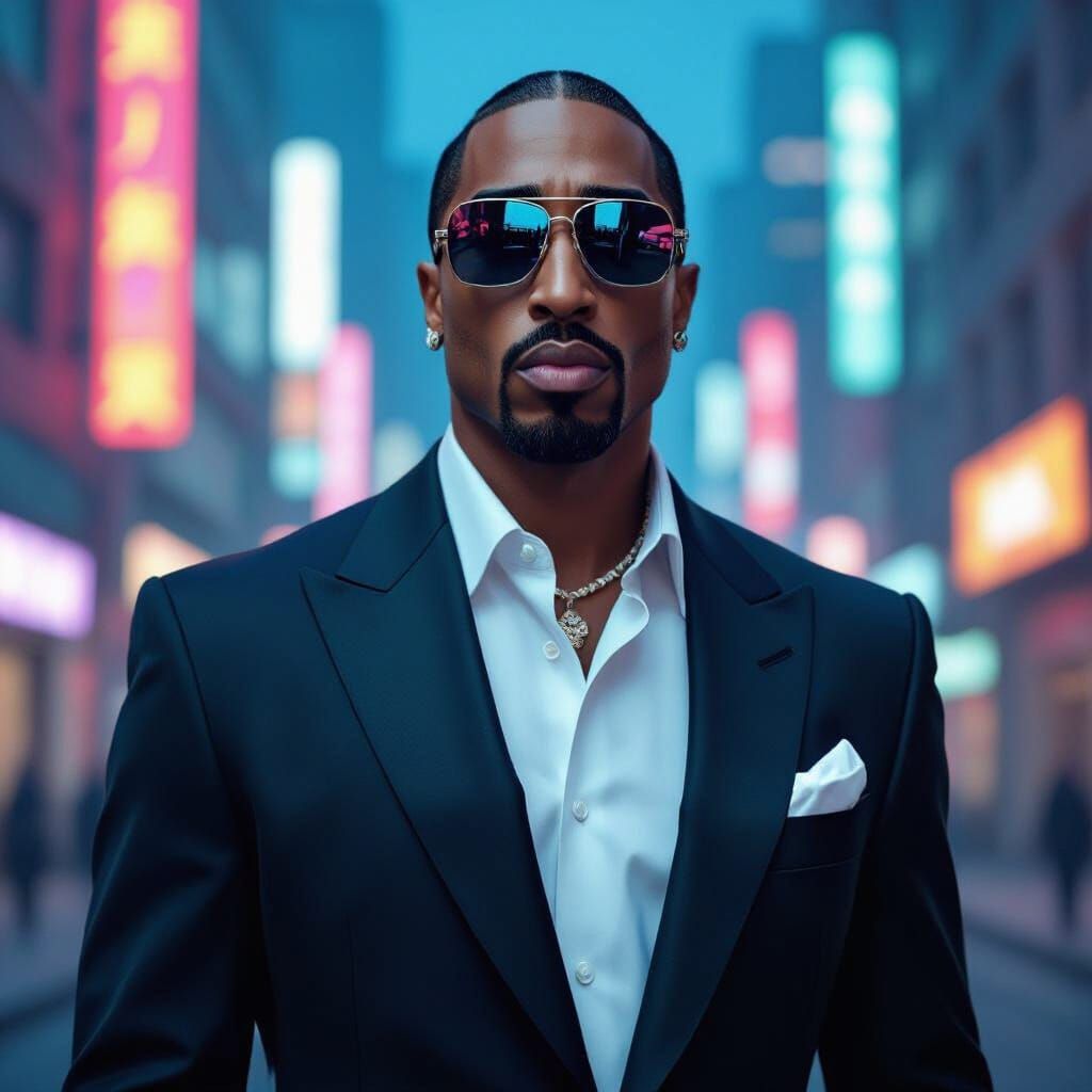 Tupac in Futuristic High Fashion, Neon Cityscape