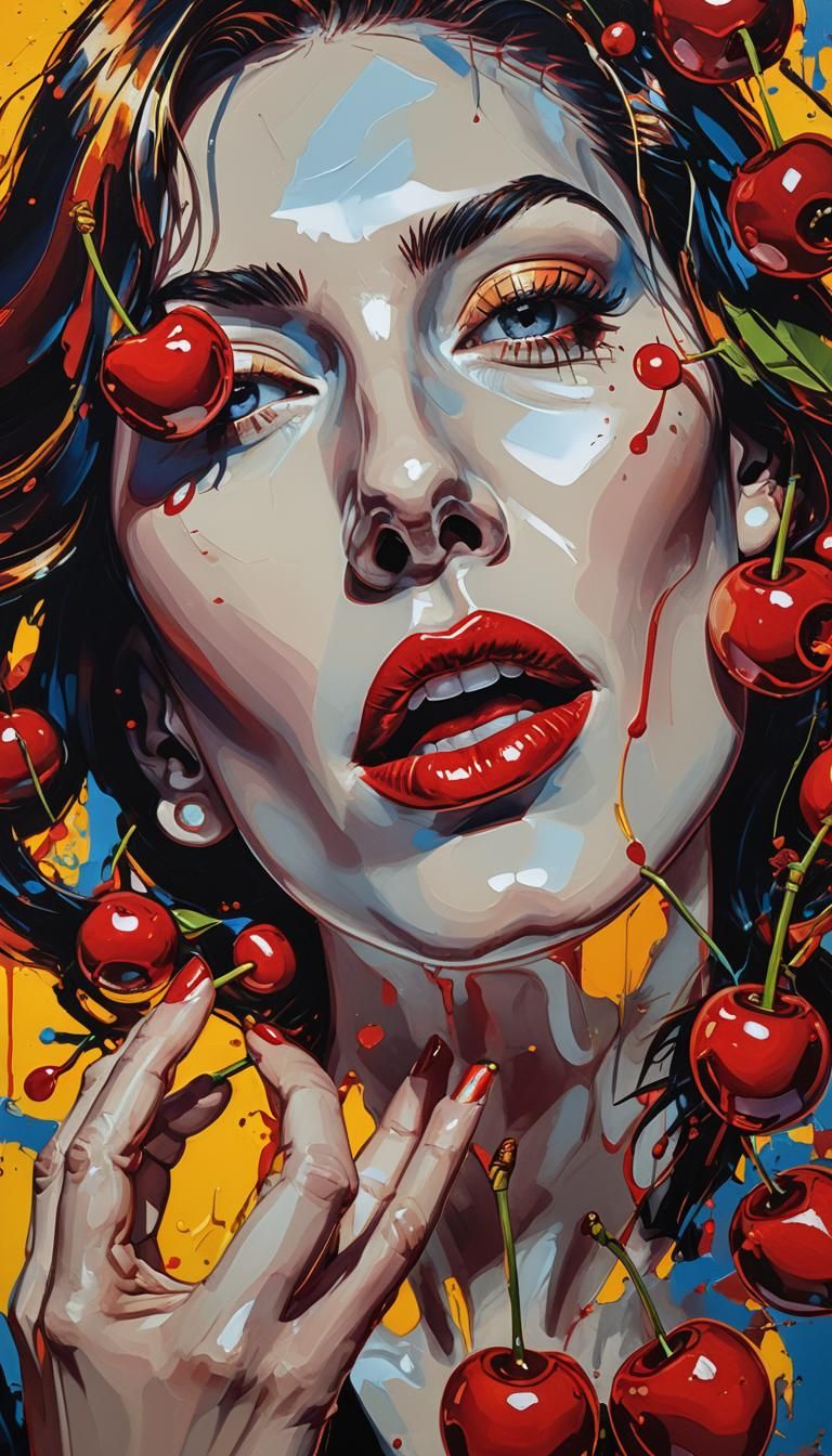 a close-up of glossy shiny red lips with a pair of red cherr...