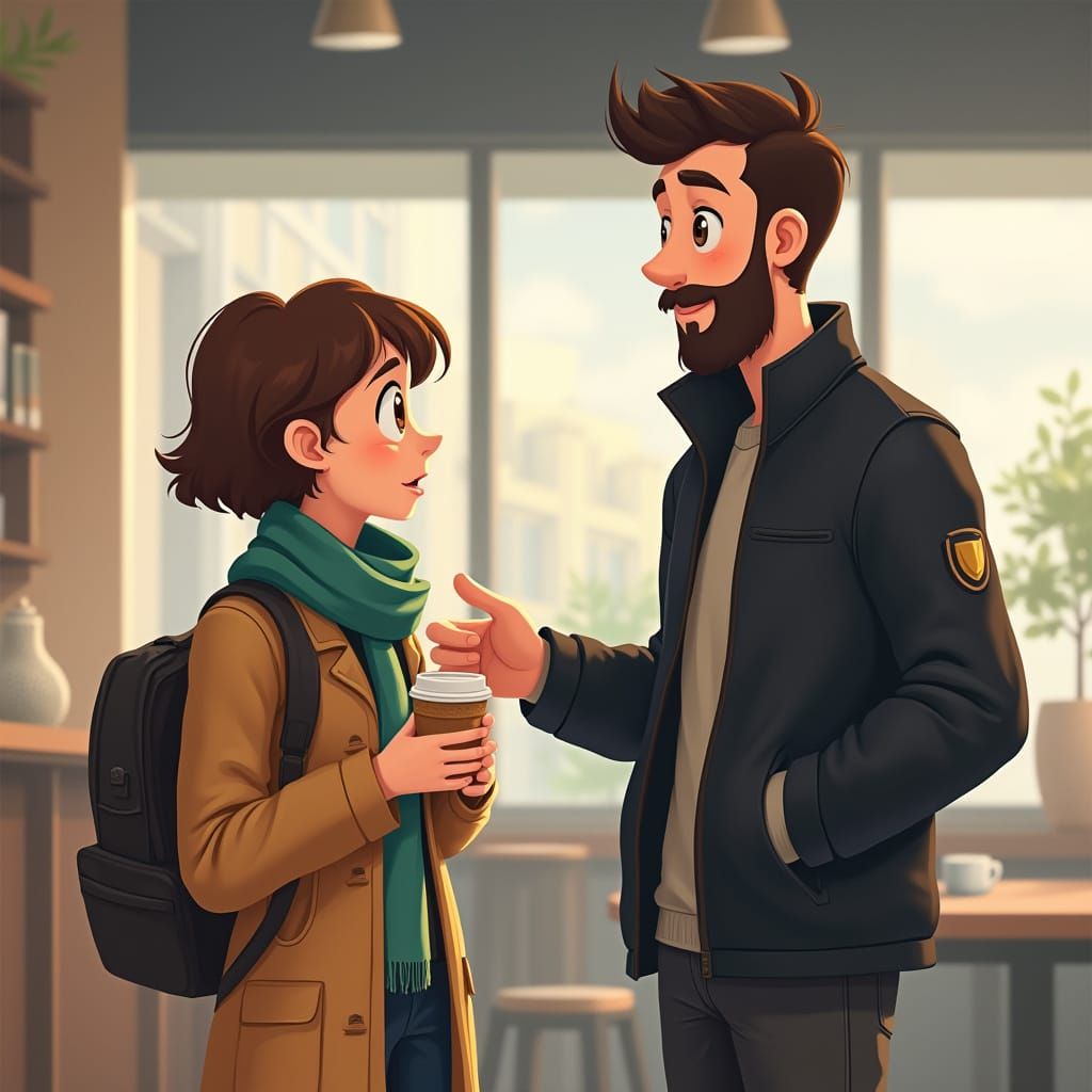 Coffee Shop Scene with Woman, Man, and Dialogue