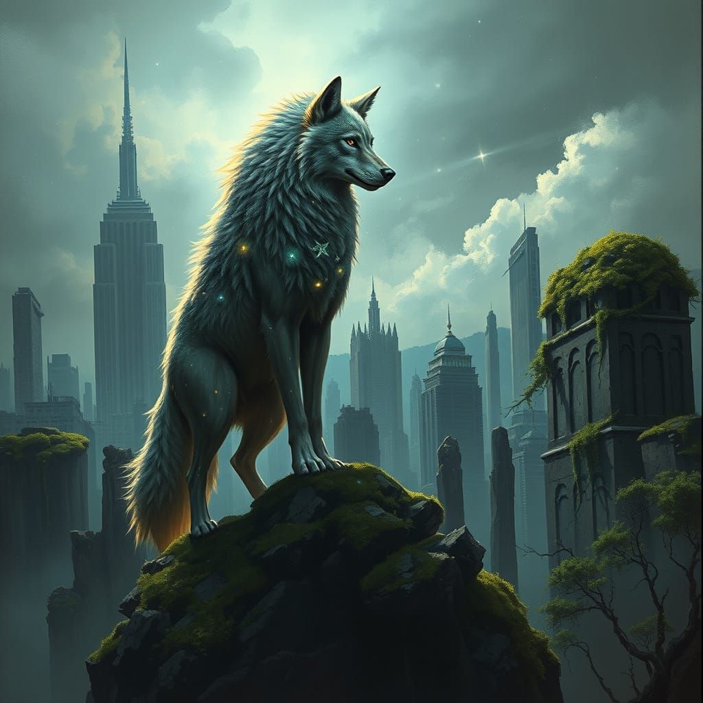 Ethereal Wolf Spirit in Post-Apocalyptic Ruins
