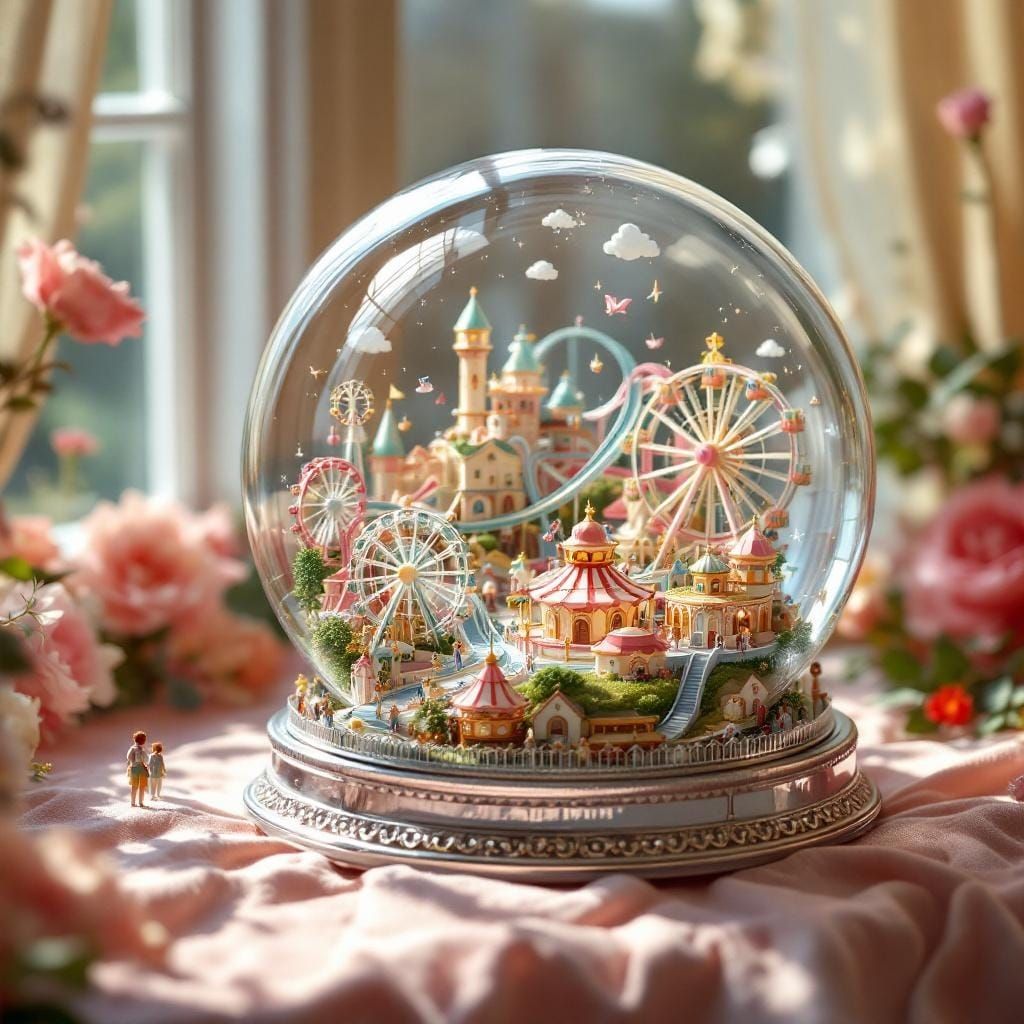 Miniature Amusement Park Globe, Whimsical Art